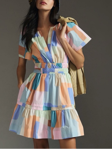 Anthropologie Pastel Block Print Mini Dress - Blue, Peach, Pink, Mint